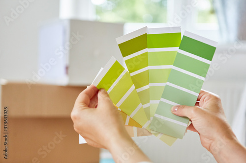 Frau bei Auswahl der Wandfarbe mit Farbpalette photo
