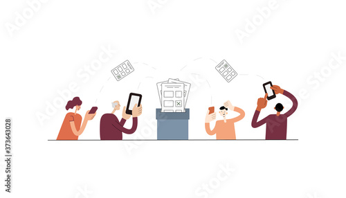 Online voting. People vote remotely using their smartphones. Remote elections. Vector illustration.