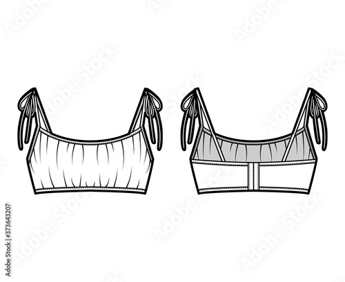 Cropped gathered at the front Bra top technical fashion illustration with ties at shoulders back hook fastenings. Flat swimwear lingerie template front back white color. Women men unisex underwear CAD