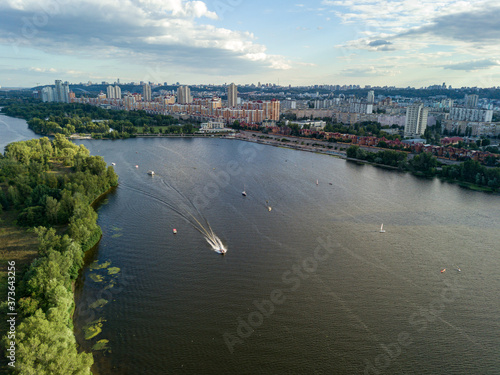 Sunset over the river Dnieper in Kiev. Aerial drone view. © Sergey