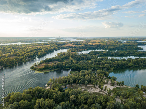 Sunset over the river Dnieper in Kiev. Aerial drone view. © Sergey