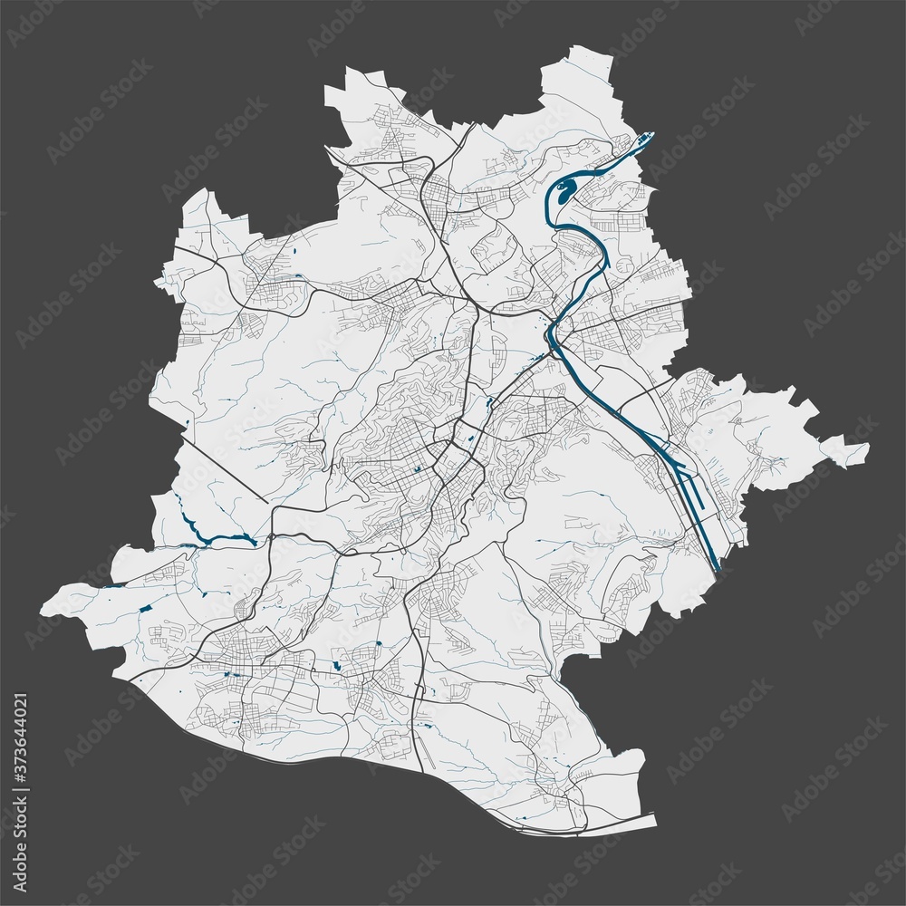 Stuttgart map. Detailed map of Stuttgart city poster with streets, water.