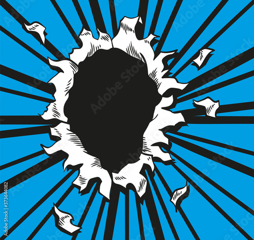 Comic book hole. Vector paper is torn through boom explosion. Circle hole in the middle on blue background. Comics style cover template or flyer wallpaper