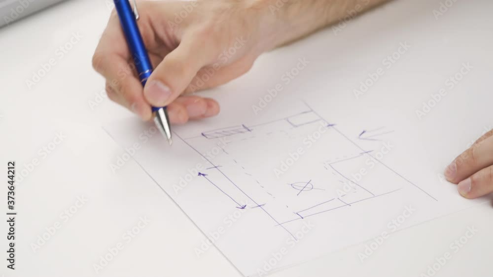 Close up of hand drawing, sketch an object to be crafted, architectural drawing.