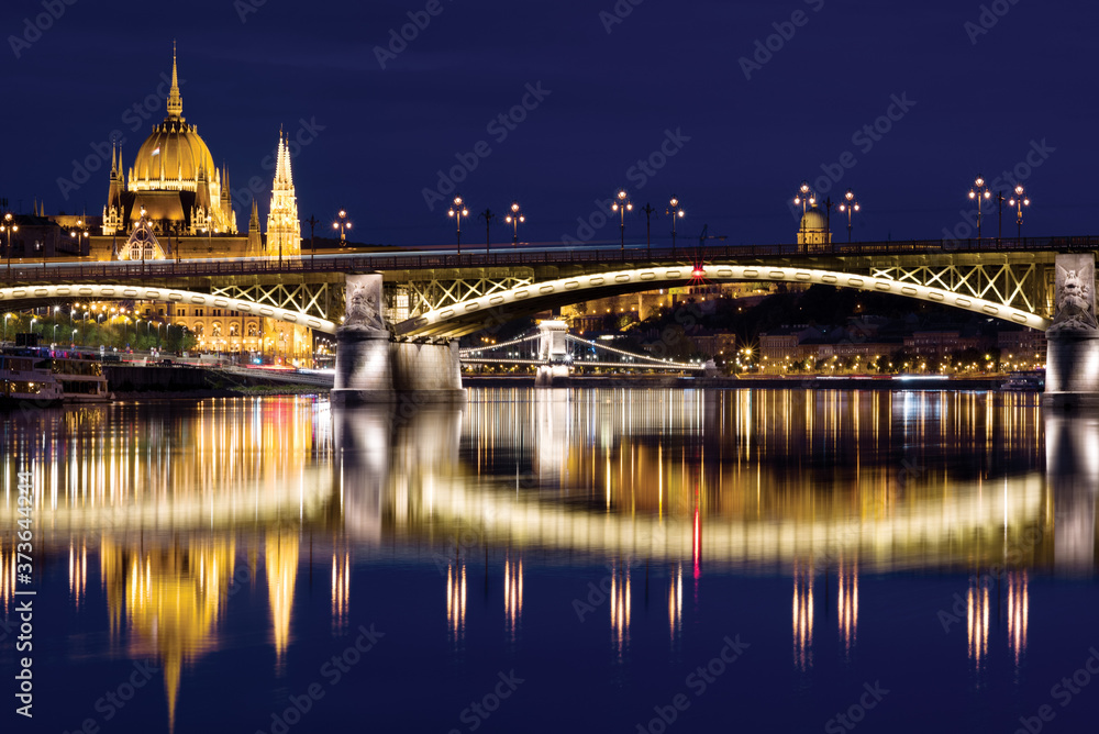 Night view of Margaret bridge in Budapest