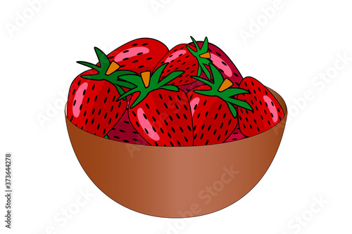 Strawberries in a bowl isolated on white background. Beautiful juicy berries in deep dish plate. Heap of ripe strawberries. Organic fruit. Kitchenware design element. Bountiful harvest. Stock vector