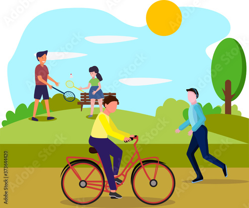 Walking in the Park, people playing sports in the Park, man not Cycling, outdoor recreation