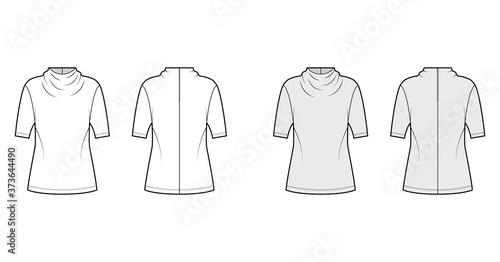 Top technical fashion illustration with elegant draped neckline, short sleeves, oversized, back button-fastening keyhole. Flat blouse template front, back, white grey color. Women men unisex shirt CAD