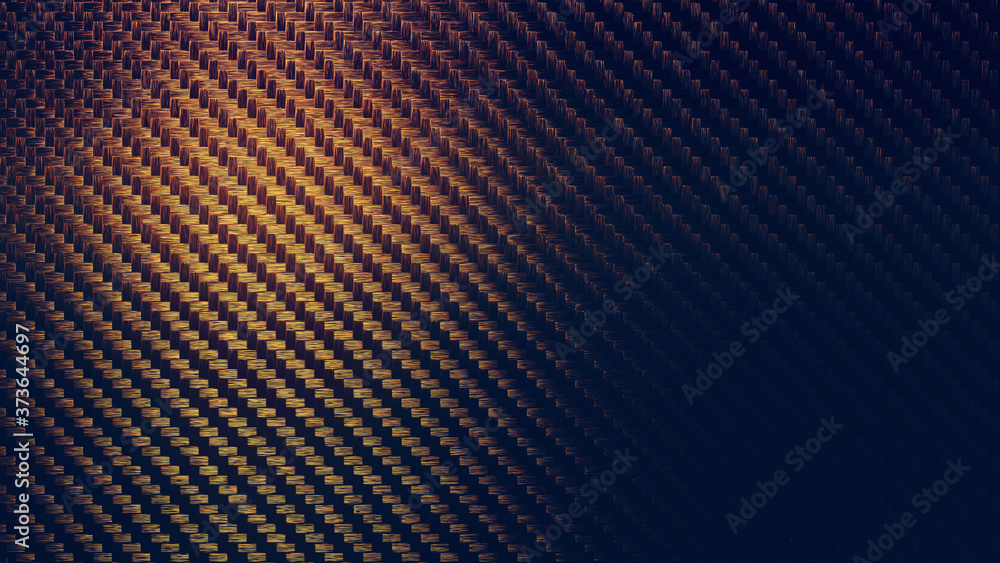 Carbon gold fiber texture pattern background. Dark with lighting. 3D rendering