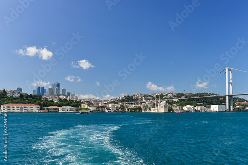 Istanbul cityscape, including Bosphorus bridge and Ortakoy Mosque as seen from a passenger boat - Istanbul, Turkey