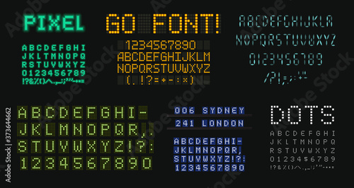 Digital letters and numbers set. Scoreboard style alphabet. Dot vector typeface designs for score board typographic posters, ads, tech logo, led display on sport events, digital media,motion graphic.