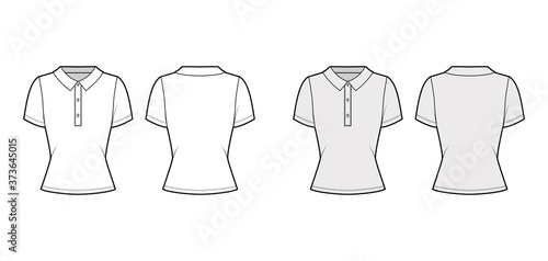 Polo shirt technical fashion illustration with cotton-jersey short sleeves, fitted body, buttons along the front. Flat outwear apparel template front back white grey color. Women men unisex top mockup