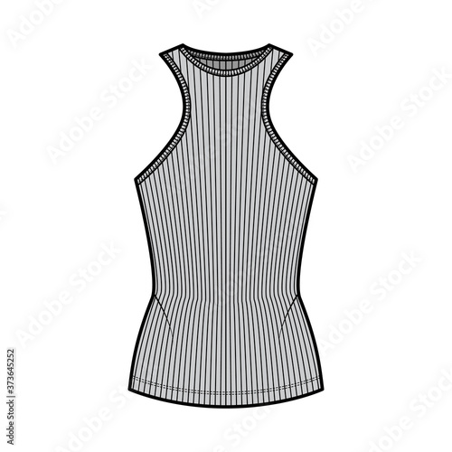 Ribbed cotton-jersey tank technical fashion illustration with racer-back straps, slim fit, crew neckline. Flat outwear top apparel template front, grey color. Women, men unisex shirt knit CAD mockup