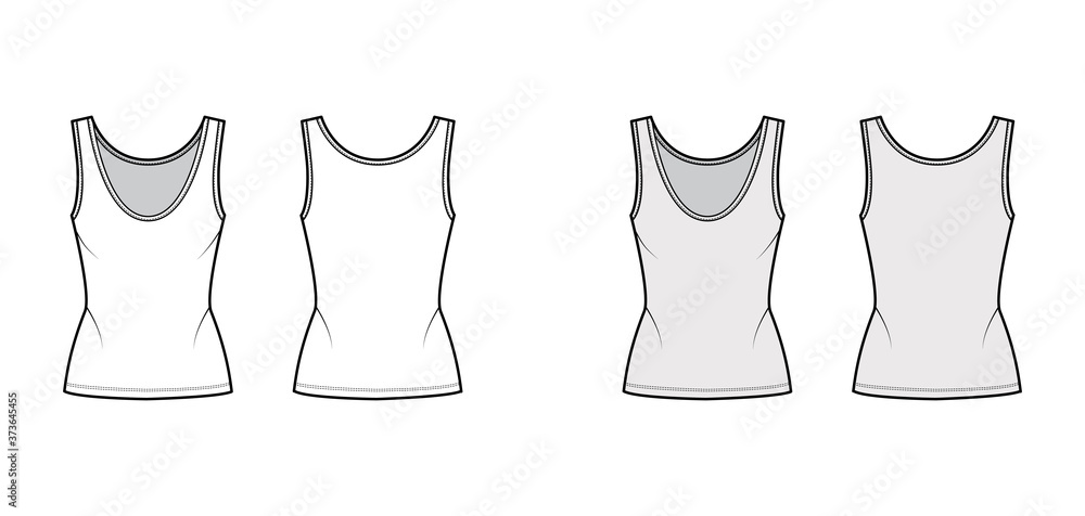 Cotton-jersey tank technical fashion illustration with fitted body, deep scoop neck, elongated hem. Flat outwear apparel template front, back, white grey color. Women, men unisex shirt top CAD mockup Cotton-jersey tank technical fashion illustration with fitted body, deep scoop neck, elongated hem. Flat outwear apparel template front, back, white grey color. Women, men unisex shirt top CAD mockup