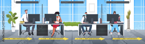 mix race businesspeople working in office keeping distance to prevent coronavirus epidemic covid-19 protection measures horizontal full length vector illustration