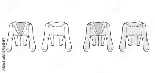 Ruffled cropped blouse technical fashion illustration with long bishop sleeves, puffed shoulders, front button fastenings. Flat top template front, back white grey color. Women men unisex shirt CAD
