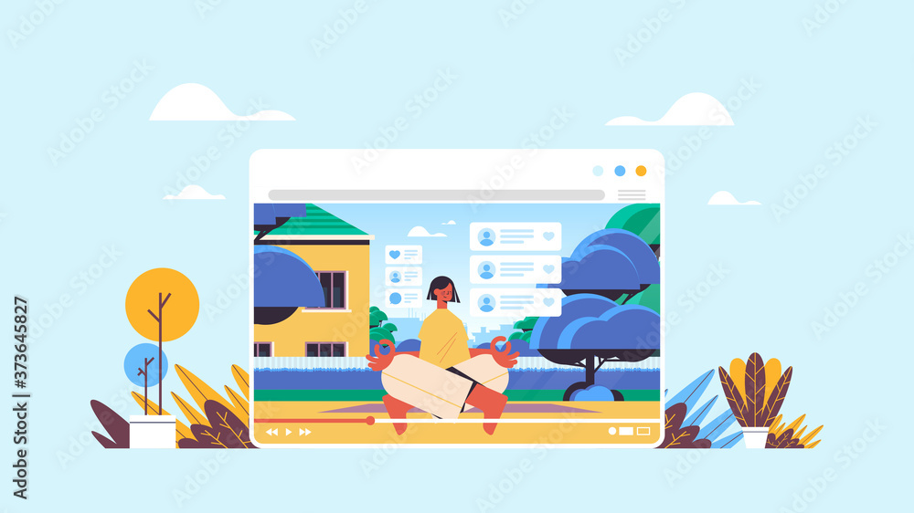 fitness blogger sitting lotus pose recording online video blog live streaming blogging concept girl vlogger doing yoga exercies in web browser window horizontal full length vector illustration fitness blogger sitting lotus pose recording online video blog live streaming blogging concept girl vlogger doing yoga exercies in web browser window horizontal full length vector illustration