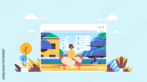 fitness blogger sitting lotus pose recording online video blog live streaming blogging concept girl vlogger doing yoga exercies in web browser window horizontal full length vector illustration