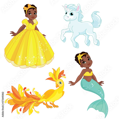 A set of fairy tale characters. Mermaid, Princess, Phoenix, Unicorn