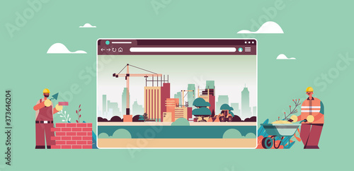 builders in uniform working on construction site digital building concept web browser window horizontal vector illustration