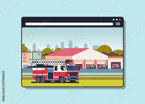 firefighter truck near building of fire station firefighting concept digital fire department in web browser window horizontal vector illustration