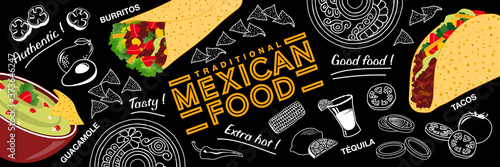 Bannière ou affiche sur la cuisine mexicaine avec des aliments en couleur et au trait blanc sur un fond de tableau noir.
