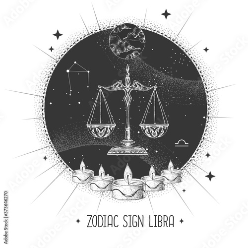 Modern magic witchcraft card with astrology Libra zodiac sign. Realistic hand drawing scales illustration. zodiac characteristic