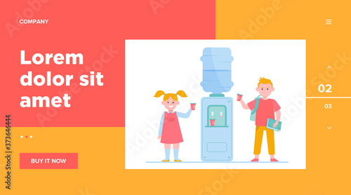 Happy children drinking water at cooler. Students, boy and girl, school hallway flat vector illustration. Beverage, refreshment, watercooler concept for banner, website design or landing web page
