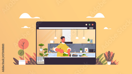 man cutting lettuce preparing fresh vegetables salad healthy nutrition online cooking concept modern kitchen interior web browser window horizontal portrait vector illustration