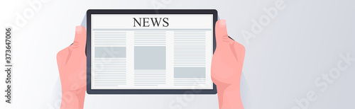 human hands using tablet pc reading daily news online newspaper press mass media concept horizontal vector illustration