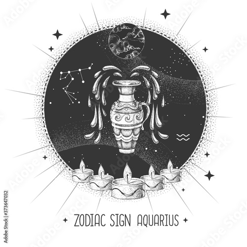 Modern magic witchcraft card with astrology Aquarius zodiac sign. Realistic hand drawing water jug illustration. Zodiac characteristic