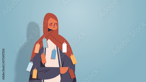 arab woman with colorful tags labels on wear inequality racial discrimination concept arabic female cartoon character in traditional clothes portrait horizontal vector illustration