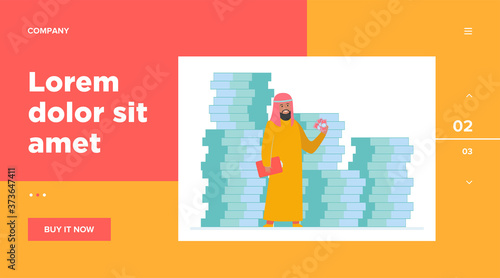 Arabic business man. Person in traditional ethnic clothes standing at huge heap of money cash flat vector illustration. Finance, success, capital concept for banner, website design or landing web page