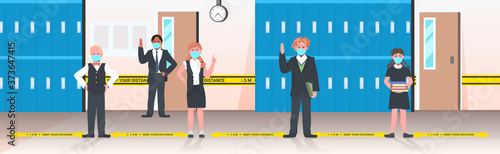 schoolchildren in masks keeping distance to prevent coronavirus pandemic social distancing concept school corridor interior horizontal full length vector illustration