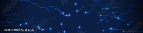 Abstract neon blue tech circuit board lines sci-fi banner design. Futuristic computer chip background. Vector glowing illustration
