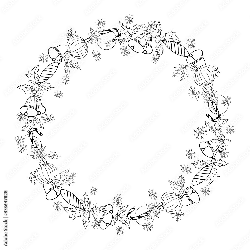 Christmas round frame on a white background. Black outline of snowflakes, candy cane, holly, bells, balls. Place for your text. For holiday greeting card, invitation. Vector illustration.