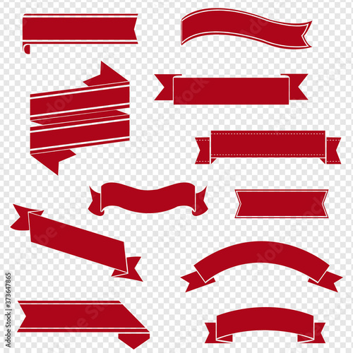 Retro Red Ribbon Set Isolated Transparent Background, Vector Illustration