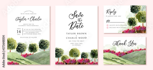 wedding invitation set with garden landscape watercolor