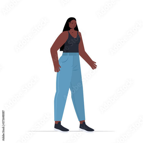 young woman in casual trendy clothes african american female cartoon character standing pose full length vector illustration