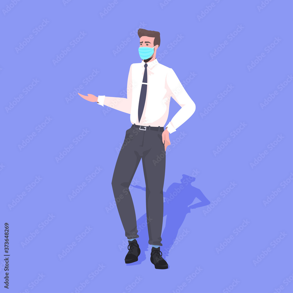 businessman in face mask pointing something coronavirus epidemic protection self isolation remote work concept full length vector illustration