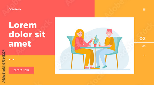 Young couple sitting in cafe and drinking bubble tea. Date  love  coffee flat vector illustration. Relationship and family concept for banner  website design or landing web page