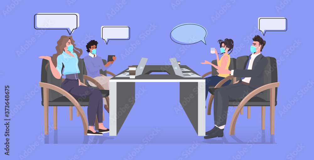 businesspeople in face masks discussing during conference meeting keeping distance to prevent coronavirus epidemic horizontal full length vector illustration