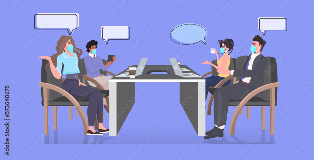 businesspeople in face masks discussing during conference meeting keeping distance to prevent coronavirus epidemic horizontal full length vector illustration businesspeople in face masks discussing during conference meeting keeping distance to prevent coronavirus epidemic horizontal full length vector illustration