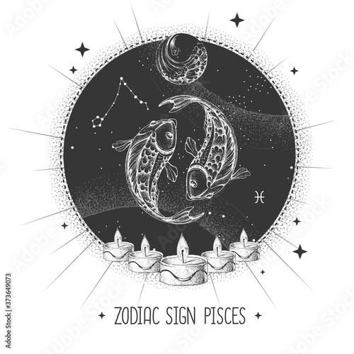 Modern magic witchcraft card with astrology Pisces zodiac sign. Realistic hand drawing koi fish illustration. Zodiac characteristic