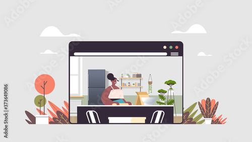 african american woman preparing food at home online cooking concept modern kitchen interior web browser window horizontal portrait vector illustration
