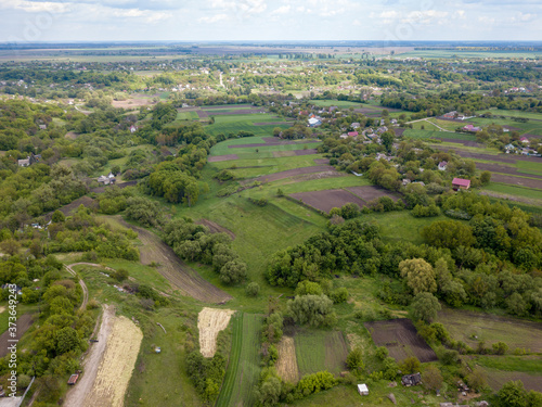 Aerial view. Rural landscape in the Ukrainian village.