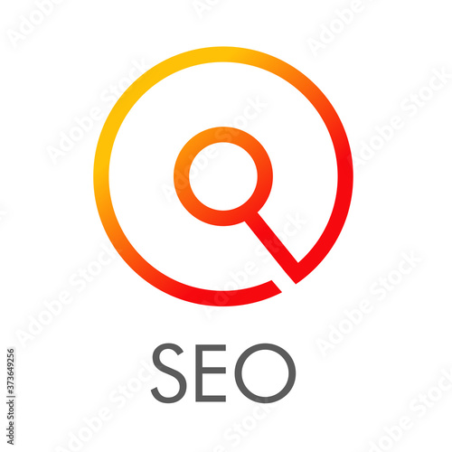 SEO - Search Engine Optimization. Logotipo lineal círculo con lupa con texto SEO en color naranja