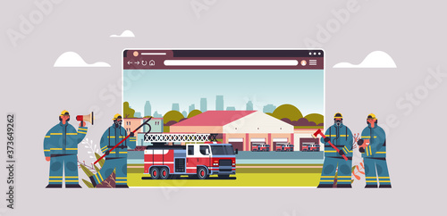 firefighters in uniform near fire station firefighting concept digital fire department in web browser window horizontal full length vector illustration