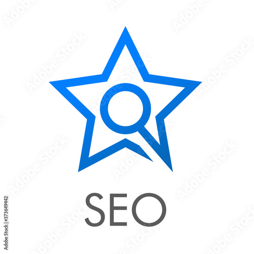 SEO - Search Engine Optimization. Logotipo lineal estrella con lupa con texto SEO en color azul