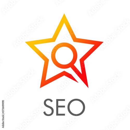 SEO - Search Engine Optimization. Logotipo lineal estrella con lupa con texto SEO en color naranja